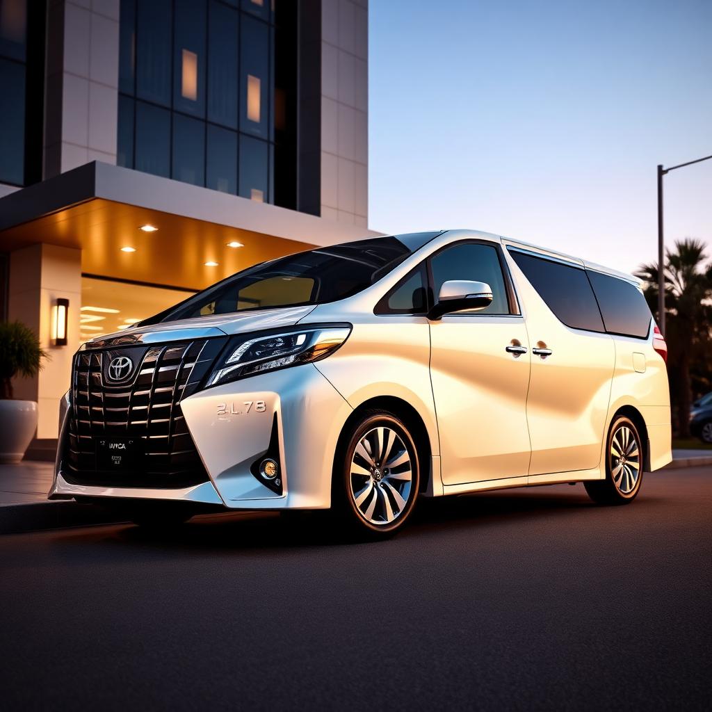 Pearl white Toyota Alphard luxury MPV outside a modern hotel