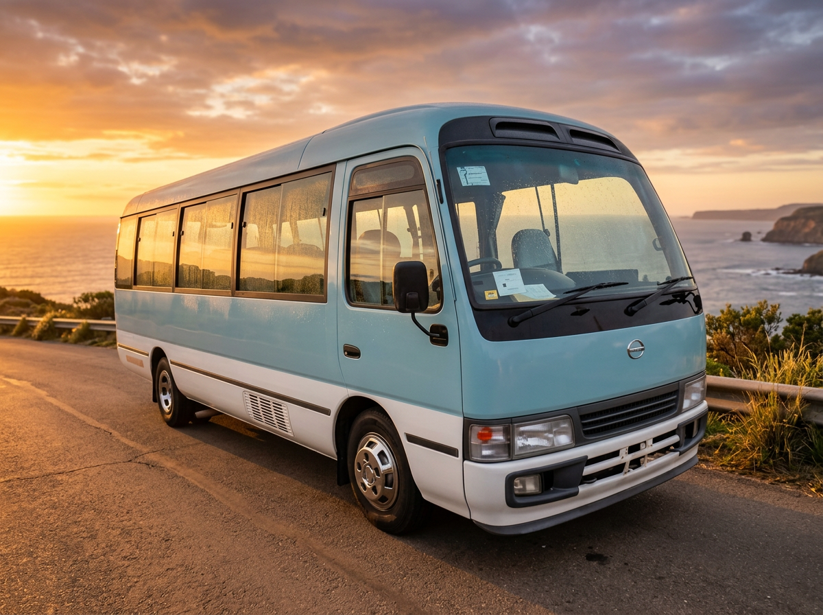 Toyota Coaster luxury bus on a coastal road at dusk