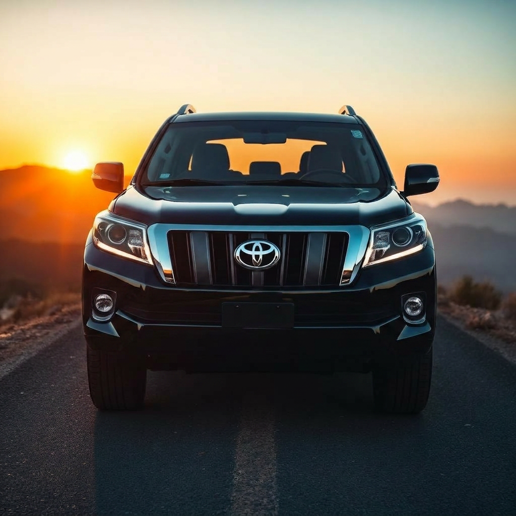 Toyota Land Cruiser Prado 150 series parked on a highland mountain road at sunset