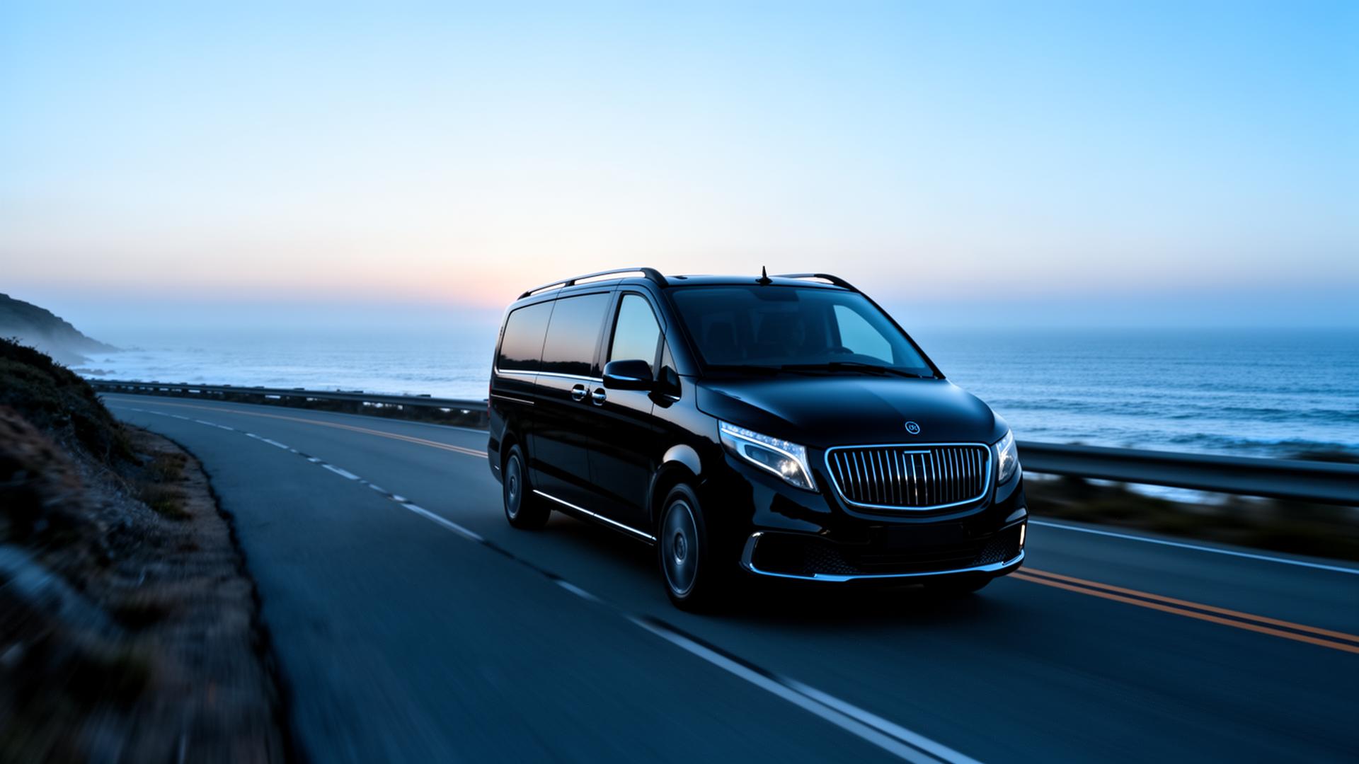Luxury van driving along a coastal road at dawn